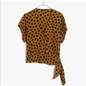 Madewell Womens Mustard Yellow Black Wrap Cropped Top Leopard Short Sleeve